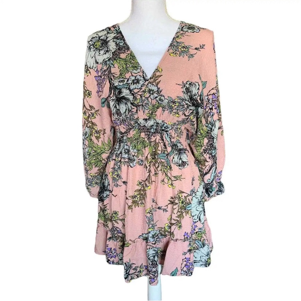 LOVE STITCH WOMENS DRESS TOP PINK FLORAL MEDIUM RUFFLE HEM LONG SLIT SLEEVE